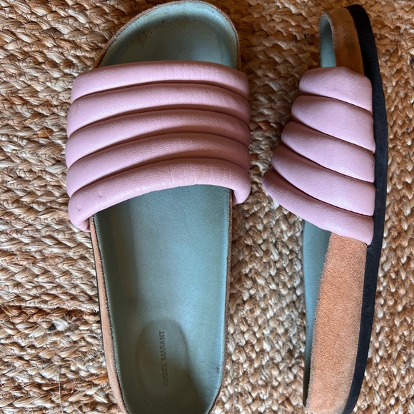 ISABEL MARANT PINK GREEN LEATHER HOLDEN SANDAL SLIDES SIZE 9/39 - Picture 3 of 3